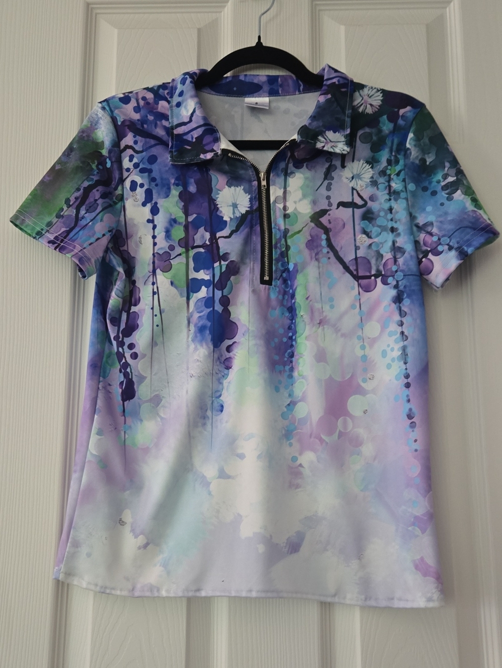 Abstract Watercolor Zip Polo Top in Lavender, Blue & Green